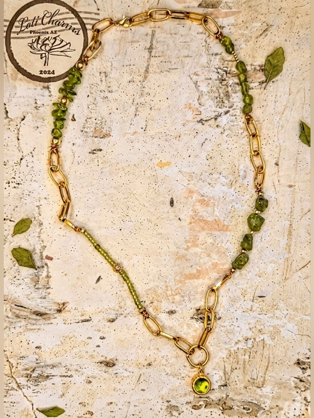 Nature's Peridot In Freeform In An Assymetrical Design With Paperclip Necklace